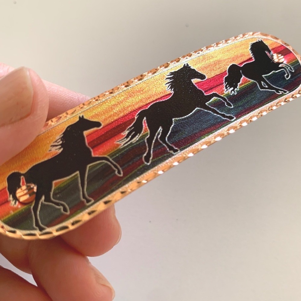 Copper Southwest Running Horse Hair Barrette Clip Sunset Serape Equestrian